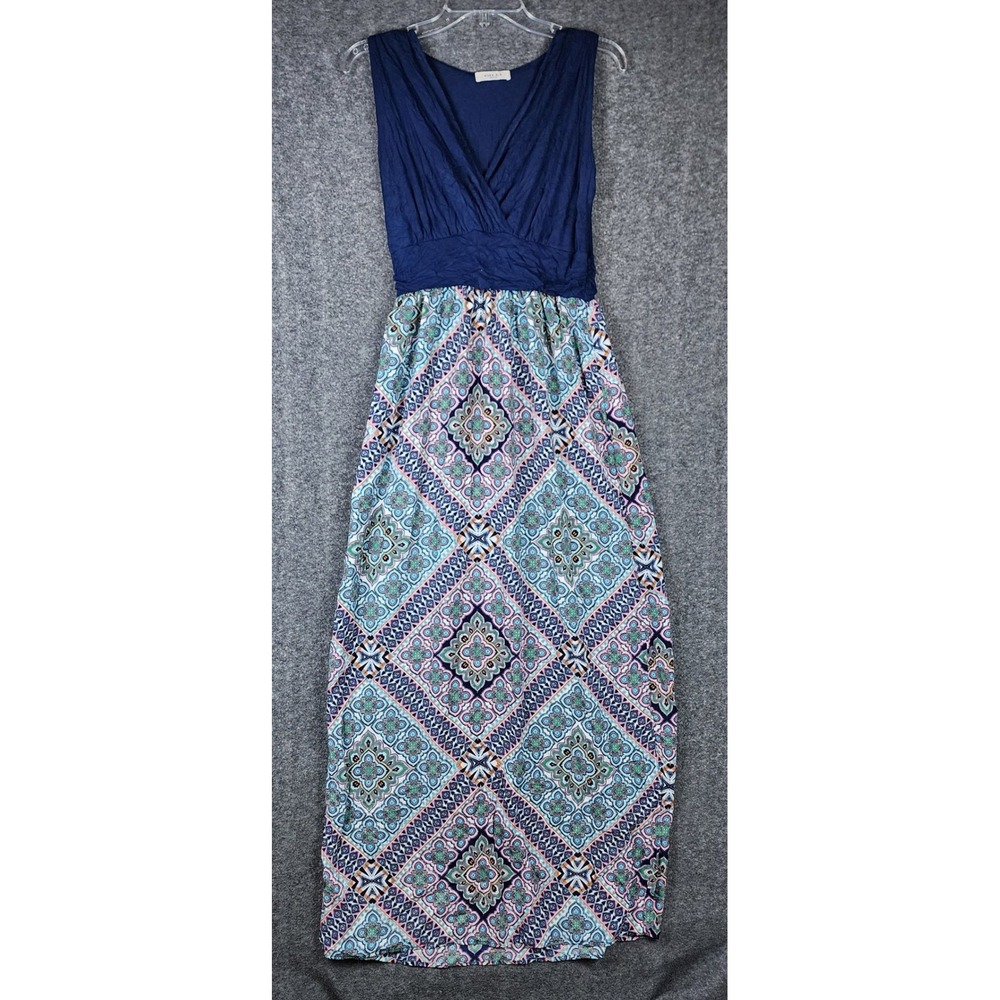Gilli Maxi Dress Womens M D8737 Navy Blue Geometric Medallion Print EUC